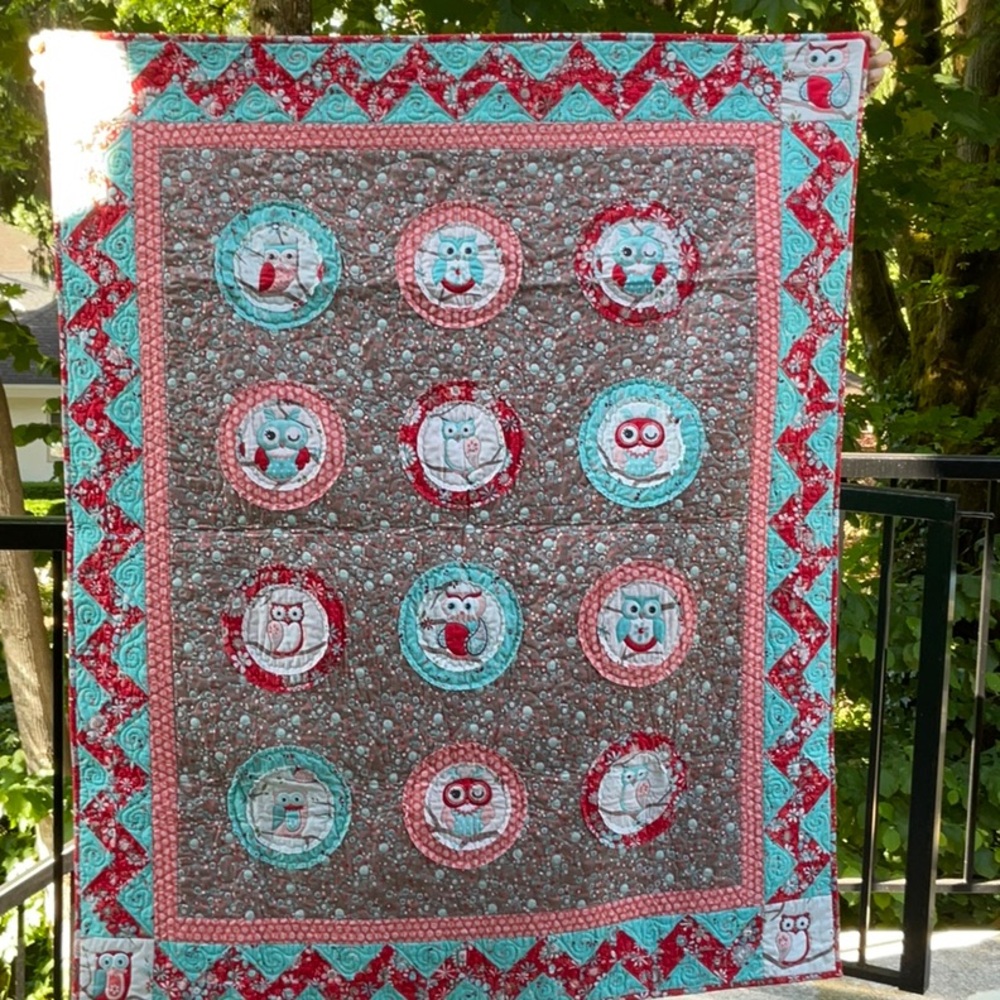 "Hoot" New, custom quilted, cotton, owl motif quilt.